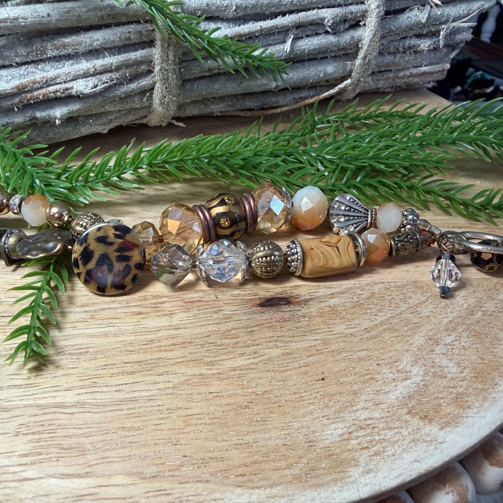 Elegant Beaded Bracelet Set - Gold And Brown Animal Print For Bigger Wrist!!!